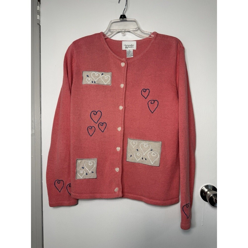 Vtg Y2K Christopher & Banks Womens Pink  Cardigan Embroidered Novelty Teacher SM